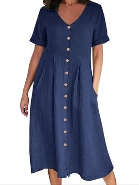 Woolovers Button‎ Through Linen Dress in Navy Size 10